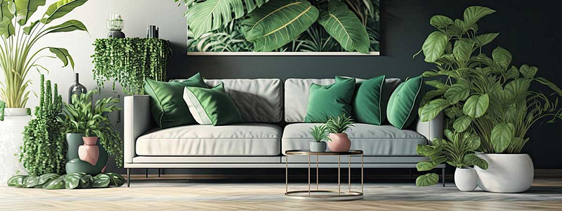 Biophilic Design für ein Wohnzimmer - alles in Grün und mit viel Naturmaterialien