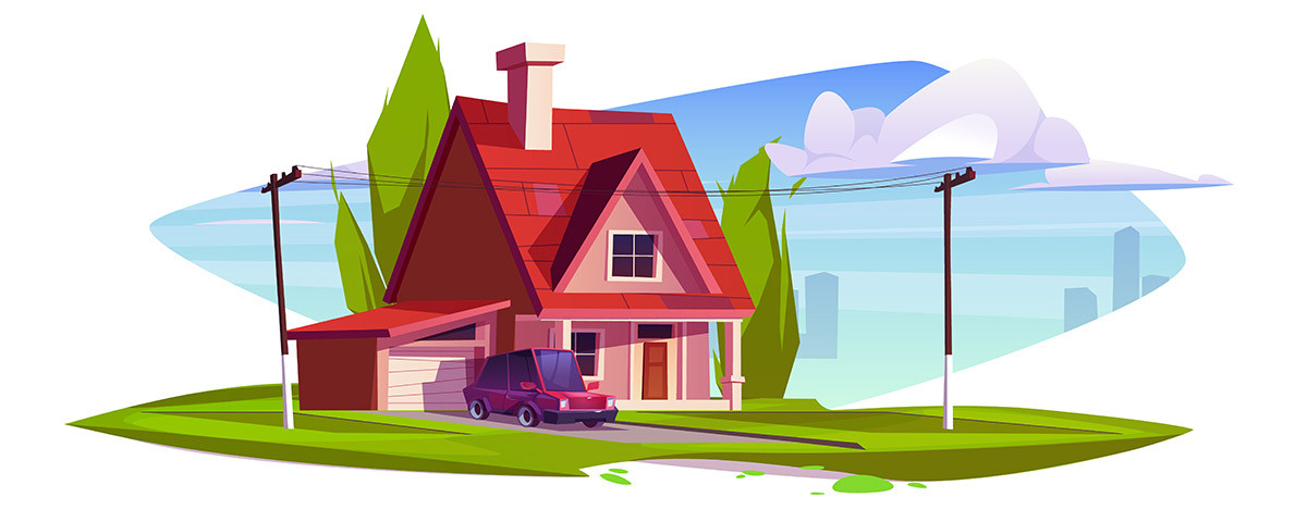 Wegerecht und Leitungsrecht: Symbolcartoon mit Haus, über dessen Grundstück Stromtrasse läuft