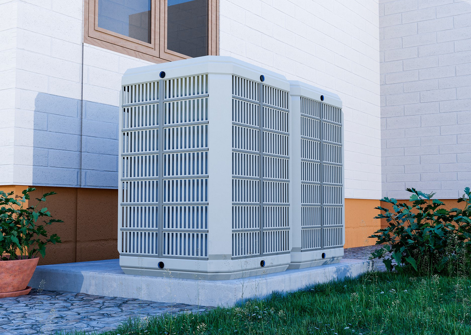 Eine Wärmepumpe als Heizung vor einem Haus