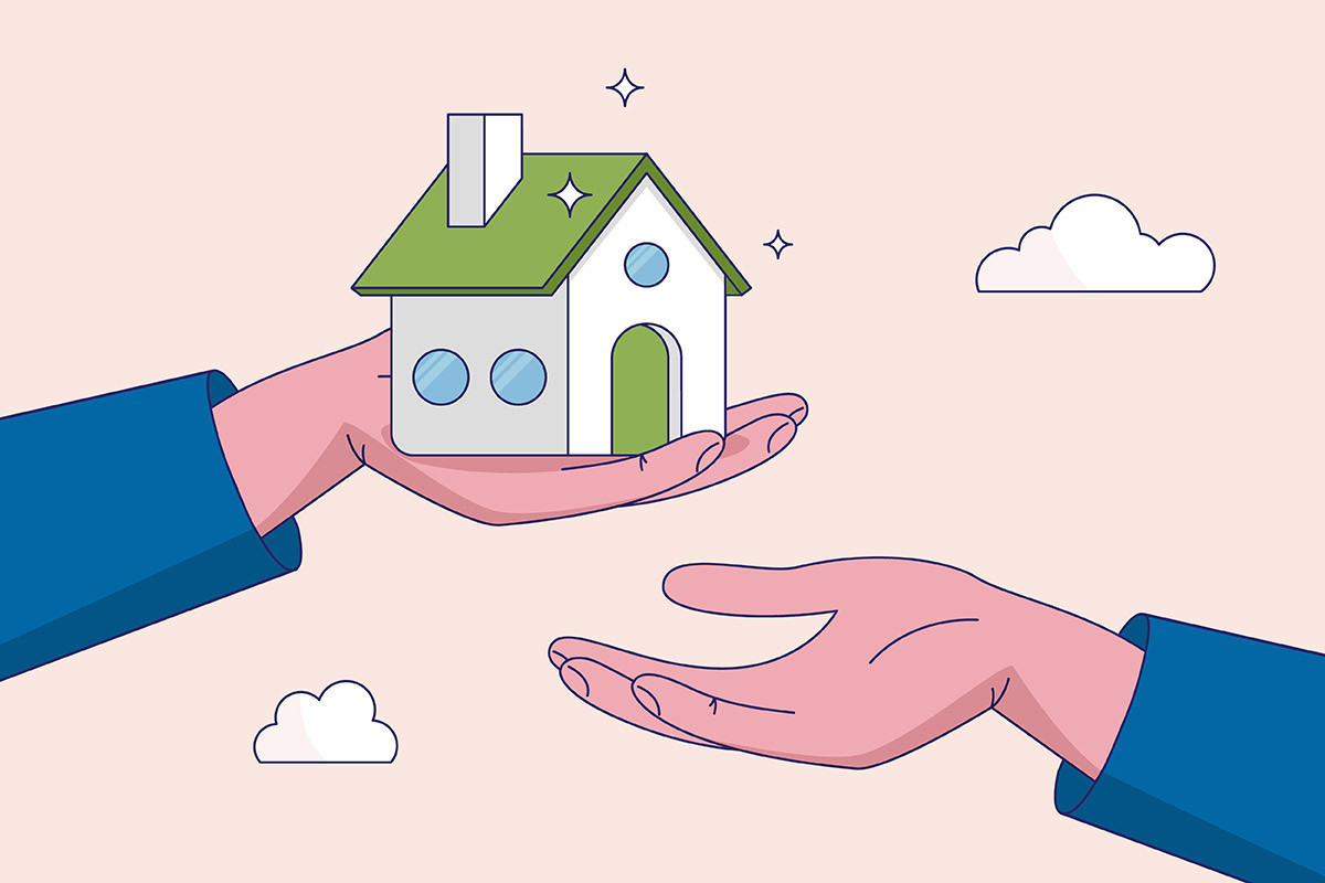 Erbschaft: Symbolabbildung - Haus geht von Hand zu Hand