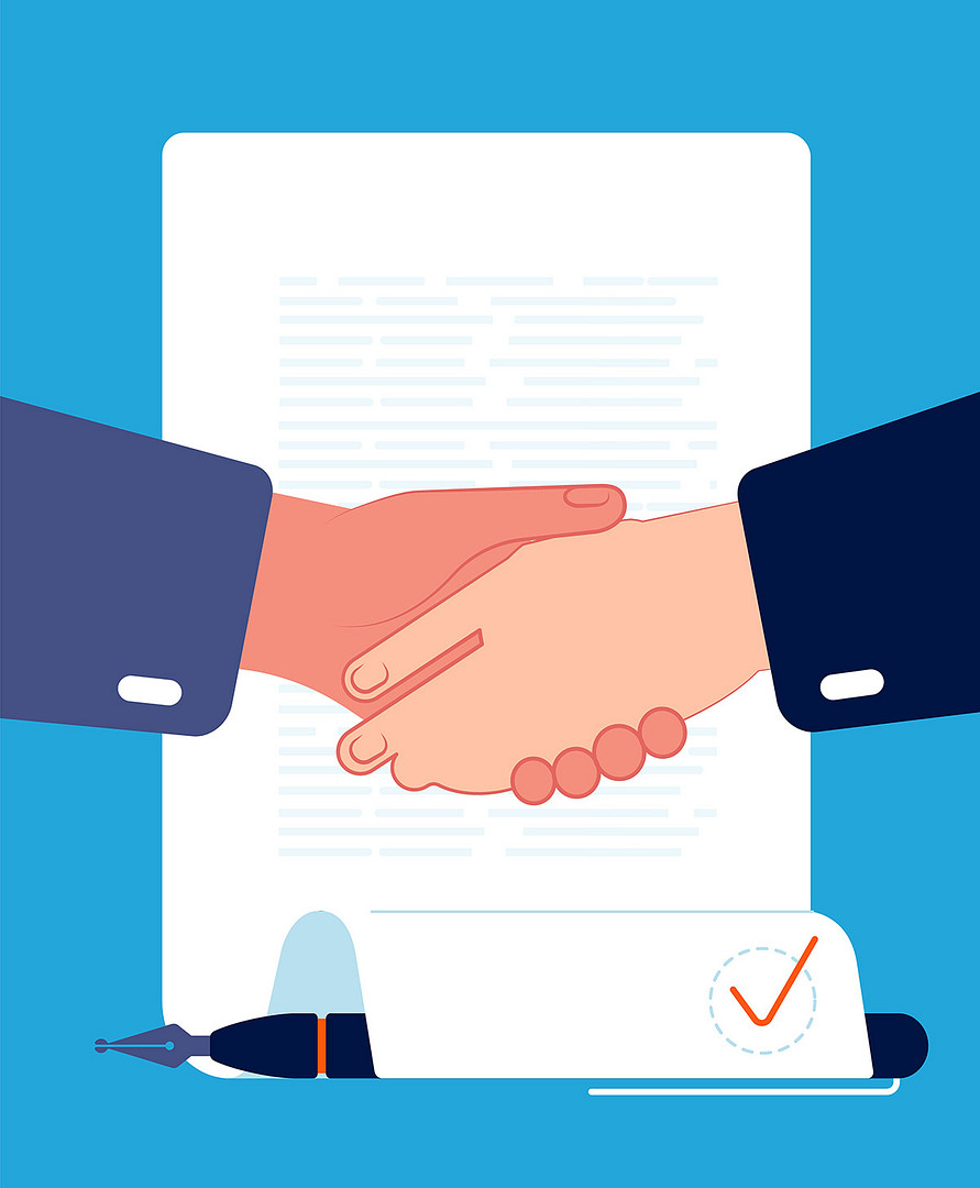 Vereinbarung zum Vertrag Grafik: Händeschütteln vor Vertrag