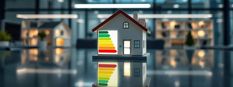 Symbolbild Energieausweis: Energieskala im Haus vor nächtlichem Hintergrund