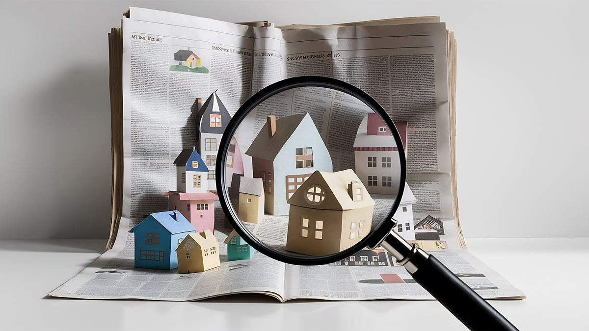 Symbolfoto Expose: Inhalt veranschaulicht Immobilie für Suchende - Häuser hinter Lupe