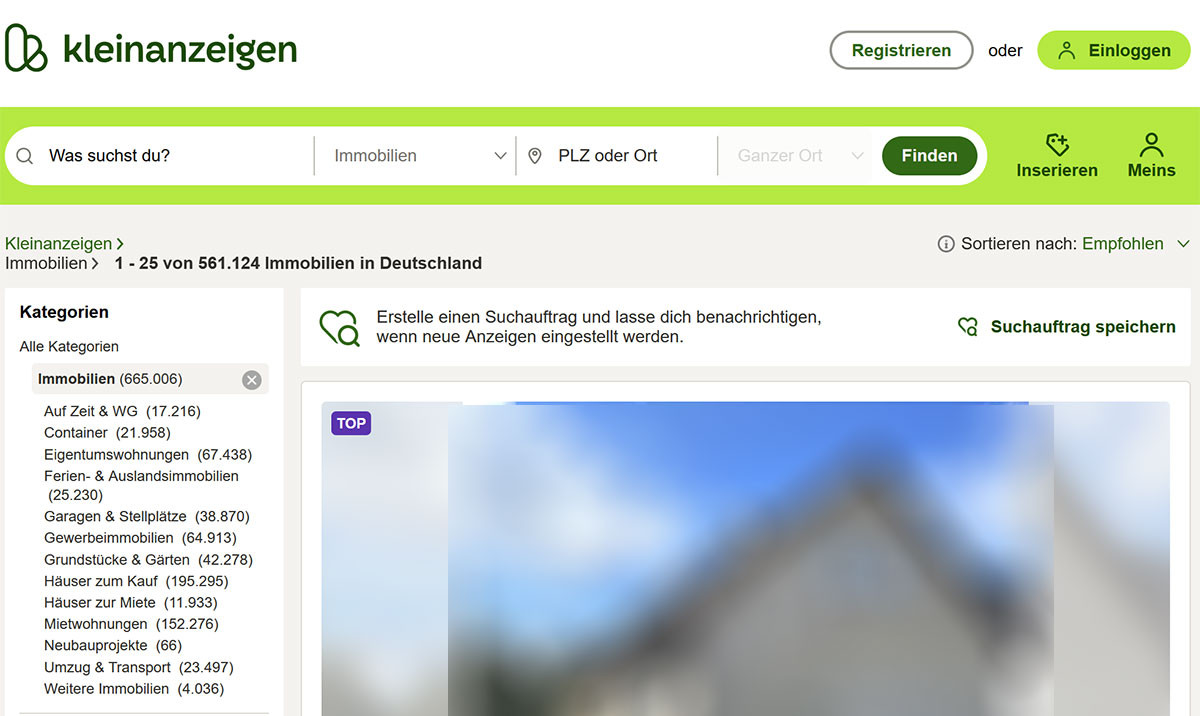Screenshot von kleinanzeigen.de/Immobilienrubrik
