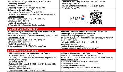 *** UPDATE *** 02.01.2025 *** Aktuelle Mietübersicht ***  Heise Immobilien Holzminden