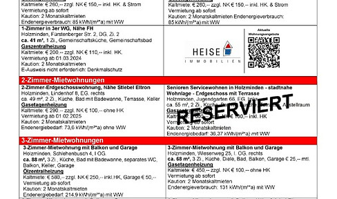 *** UPDATE *** 09.01.2025 *** Aktuelle Mietübersicht ***  Heise Immobilien Holzminden