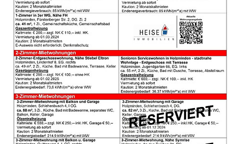 *** UPDATE *** 23.12.2024 *** Current rental overview *** Heise Immobilien Holzminden