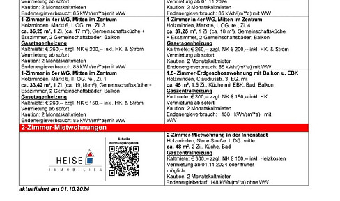 *** UPDATE *** 01.10.2024 *** Aktuelle Mietübersicht ***  Heise Immobilien Holzminden