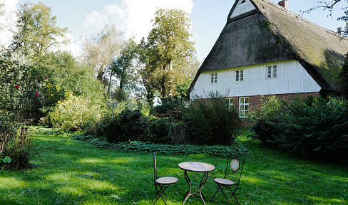 Viel Platz,  uneinsehbares Grundstück mit altem Baumbestand, in nahezu Alleinlage. Reetdachhaus, mehrere Nebengebäude und Weide am Haus