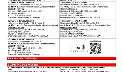 *** UPDATE *** 16.05.2025 *** Aktuelle Mietübersicht ***  Heise Immobilien Holzminden
