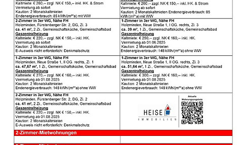 *** UPDATE *** 13.05.2025 *** Aktuelle Mietübersicht ***  Heise Immobilien Holzminden