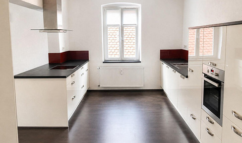 Exclusive, modern apartment with a rooftop terrace, open-plan kitchen, and fireplace connection, located in a city house.