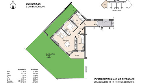 New construction (from 2024), 3-room apartment with a 150 square meter garden, elevator, and central heating.