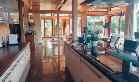 Lichtdurchflutete, energieeffiziente Villa aus Holz, Glas und Stein
