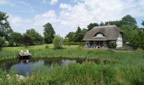 RÜGEN:  Reet gedecktes Haus mit Teich auf großem Grundstück zu verkaufen