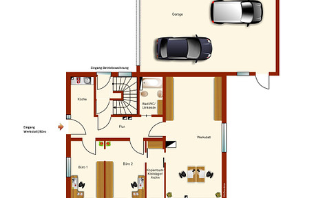 Gewerberäume als Werkstatt/Büro und Lager 121 m²/2,70m h, sowie eine unbeheizte Halle 70 m²