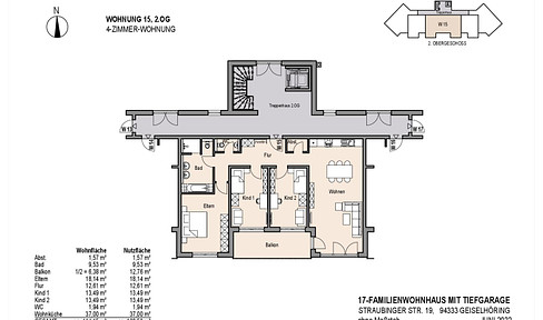 Spacious 4-room apartment on the 2nd floor, with elevator and underground parking. Central location in Geiselhöring.