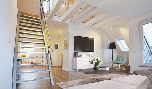 Fantastic maisonette loft apartment with fitted kitchen, roof terrace & parking space