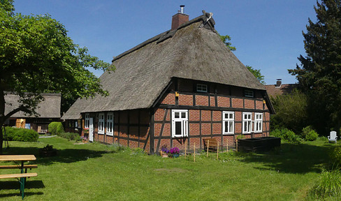 Beautiful thatched-roof farmhouse with cottage garden and staircase storage