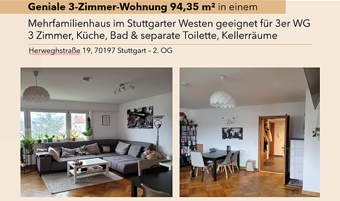 Beautiful 3-room apartment in the west of Stuttgart suitable for shared flats