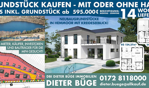 Dream property with lake views (district of Cuxhaven) in 21745 Hemmoor! Available with a house from €395,000, if desired. Call 01728118000.