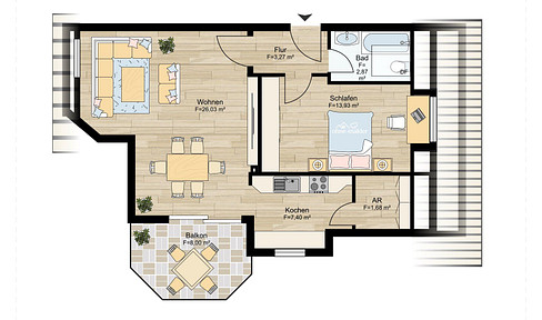 Beautiful 2 room apartment with balcony, fitted kitchen and garage