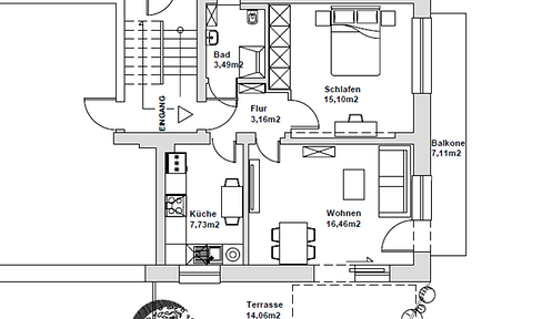 Without estate agent: 2-room terrace apartment with balcony