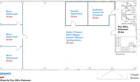 Individual areas (66 sqm, 94 sqm, 170 sqm, 440 sqm, 660 sqm) in hall with office, storage and production areas