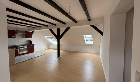 4-room attic apartment with an open-plan living/dining area and a panoramic terrace.