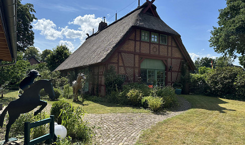 Charming half-timbered house with thatched roof