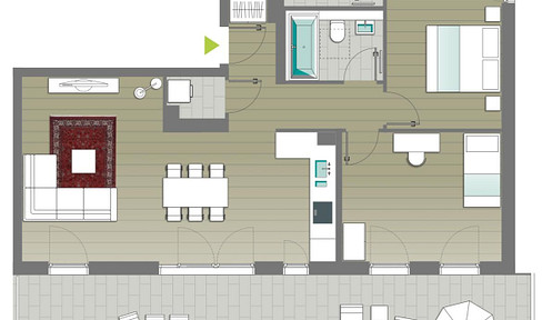 Modern 3-room penthouse apartment with fitted kitchen, built-in furniture and large south-facing roof terrace