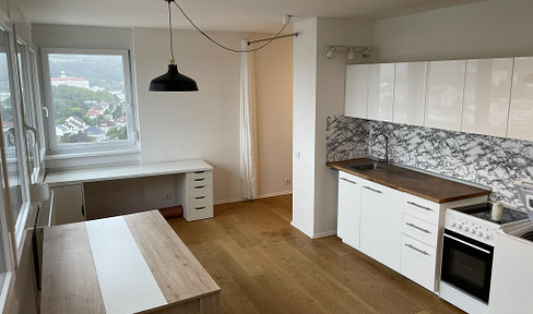 Central 1-room apartment partially furnished with a view (16th floor) and underground parking space in Lentia