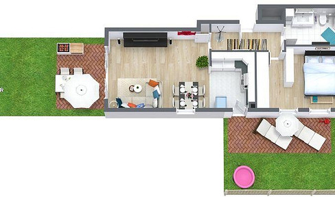 2 Zimmer Gartenwohnung, teilmöbliert, für 3 Jahre zu mieten.