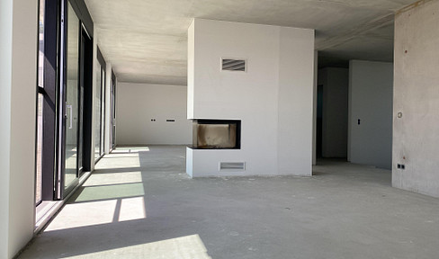 Modern solid house with flat roof, first occupancy