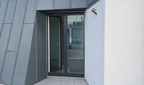 Penthouse with spacious rooftop terrace, city center – 2 rooms, fitted kitchen, underground parking, elevator.