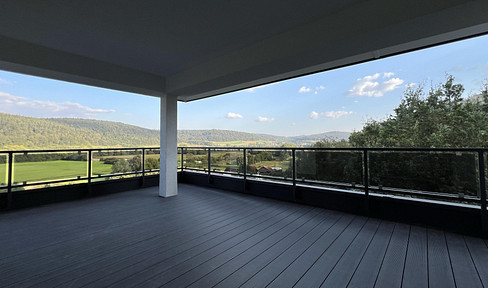 Penthouse with panoramic view over the Odenwald and Breuberg Castle, wellness bath with sauna