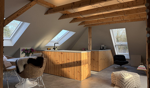 Unique top floor apartment with loft character, exposed beams & designer kitchen in the university district