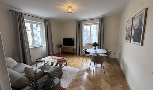 Listed old building with character: high ceilings, lots of light, stylishly furnished