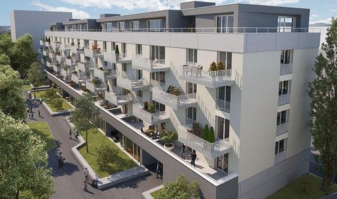 Modern, newly built 2-room apartment for first occupancy, including a balcony, kitchen, and underground parking space.