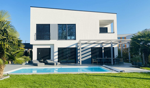 Modern city villa with a pool, located on the edge of a forest.