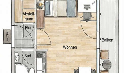 Helle u.ruhige 1 Zi. Studio-Whg m. Balkon-Loggia, Stellpl. u. Abstellr. Mannnheim-Neckarau/Almenhof