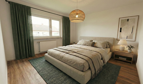High-quality renovated and immediately available: 3-room apartment with a large balcony, fitted kitchen, and garage.