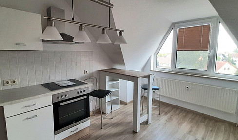 Partially furnished attic apartment with a parking space in an underground garage.