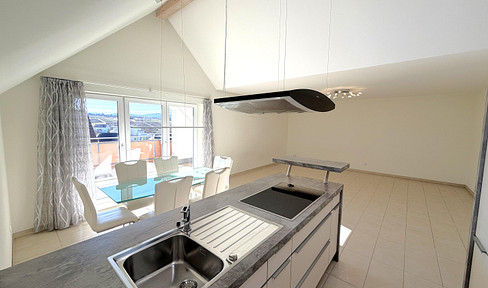 Bright, spacious attic apartment of 98 m² with 3.5 rooms, featuring a rooftop terrace and elevator.