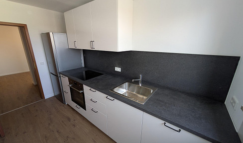 Modern, renovated 2-room apartment with balcony, new fitted kitchen, elevator, and parking space.