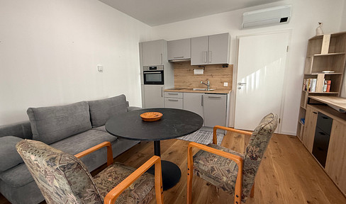 Fully furnished 1-bedroom apartment in a new building with a balcony and air conditioning.