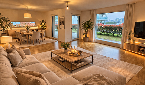 Live like you're in your own house – a modern garden apartment on the Altrhein river with a terrace and underground parking.