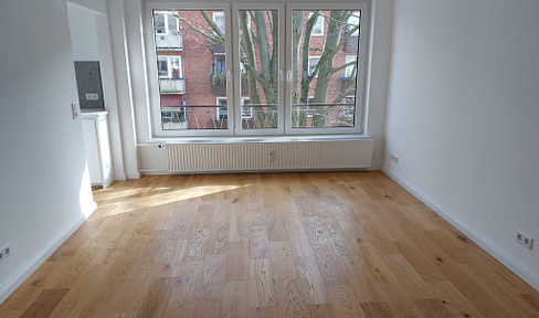 Brand new apartment after renovation: Modern 1-room apartment with fitted kitchen and large window front in Hamburg.