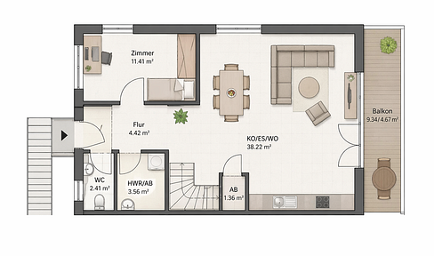 Exclusive, brand-new 4-room maisonette apartment with balcony and roof terrace.