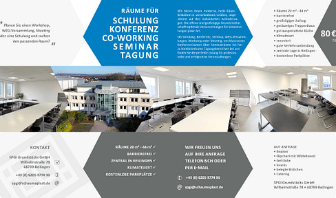 klimatisierte Schulungsäume Konferenzräume Seminarräume Co-Workingspace 22m² bis 44m² barrierefrei